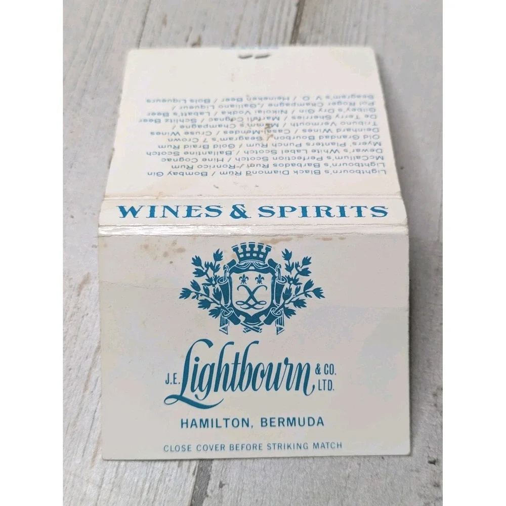 Vintage Matchbook Cover J.E.‎ Lightbourn & Co Hamilton Bermuda Wines and Spirits